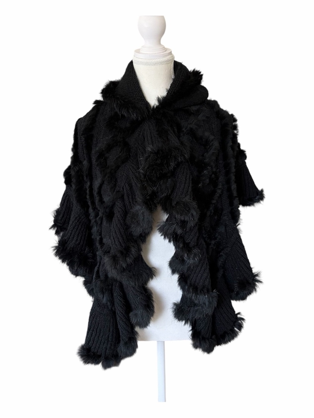 Adrienne Landau One Size Rabbit Fur Acrylic Black Hooded Cape Poncho